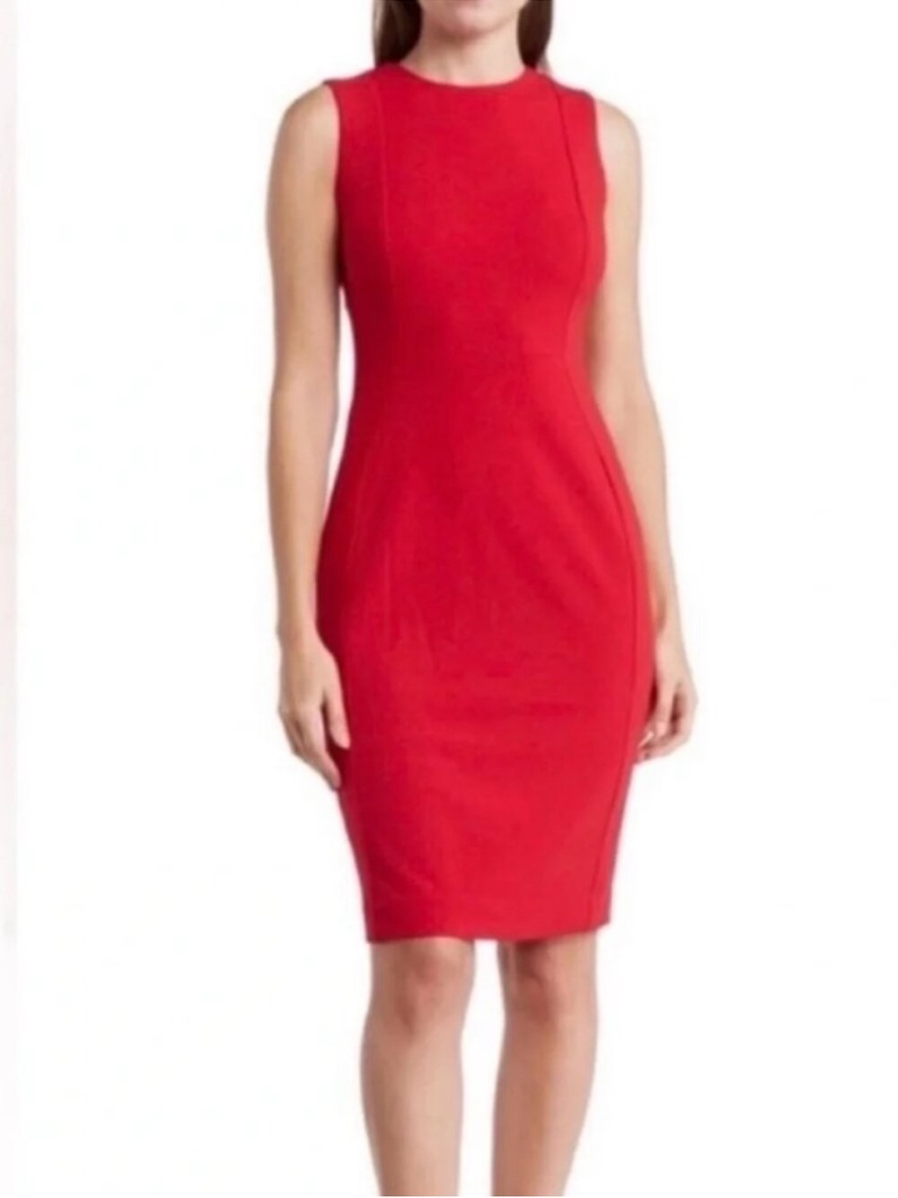 Calvin Klein Red Sleeveless Sheath Dress with Gold Zip